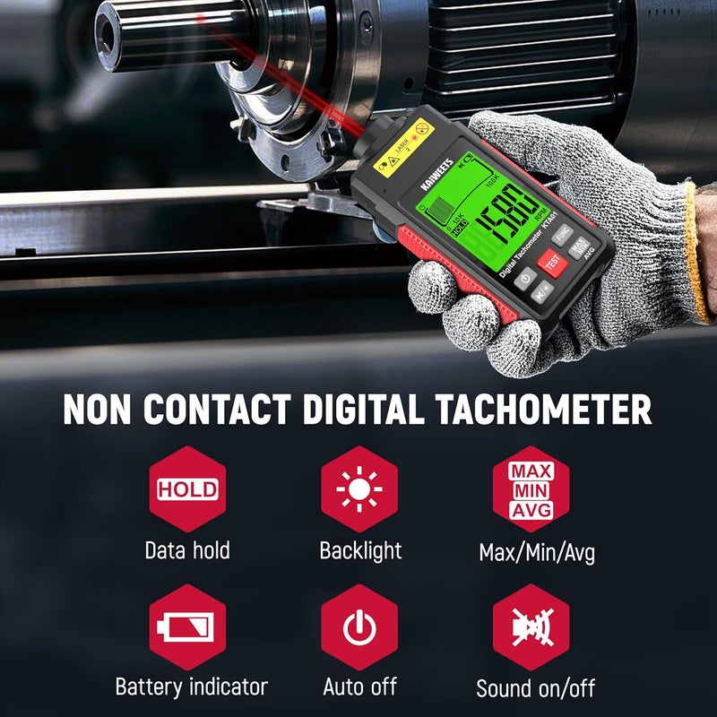 KAIWEETS Non Contact RPM Tachometer with Reflection Tape, 10-99999 RPM High Accuracy Laser Digital Tachometer with Large LCD, RPM Meter with Backlight, Data Hold, and Max/Min/AVG Function - Image 3
